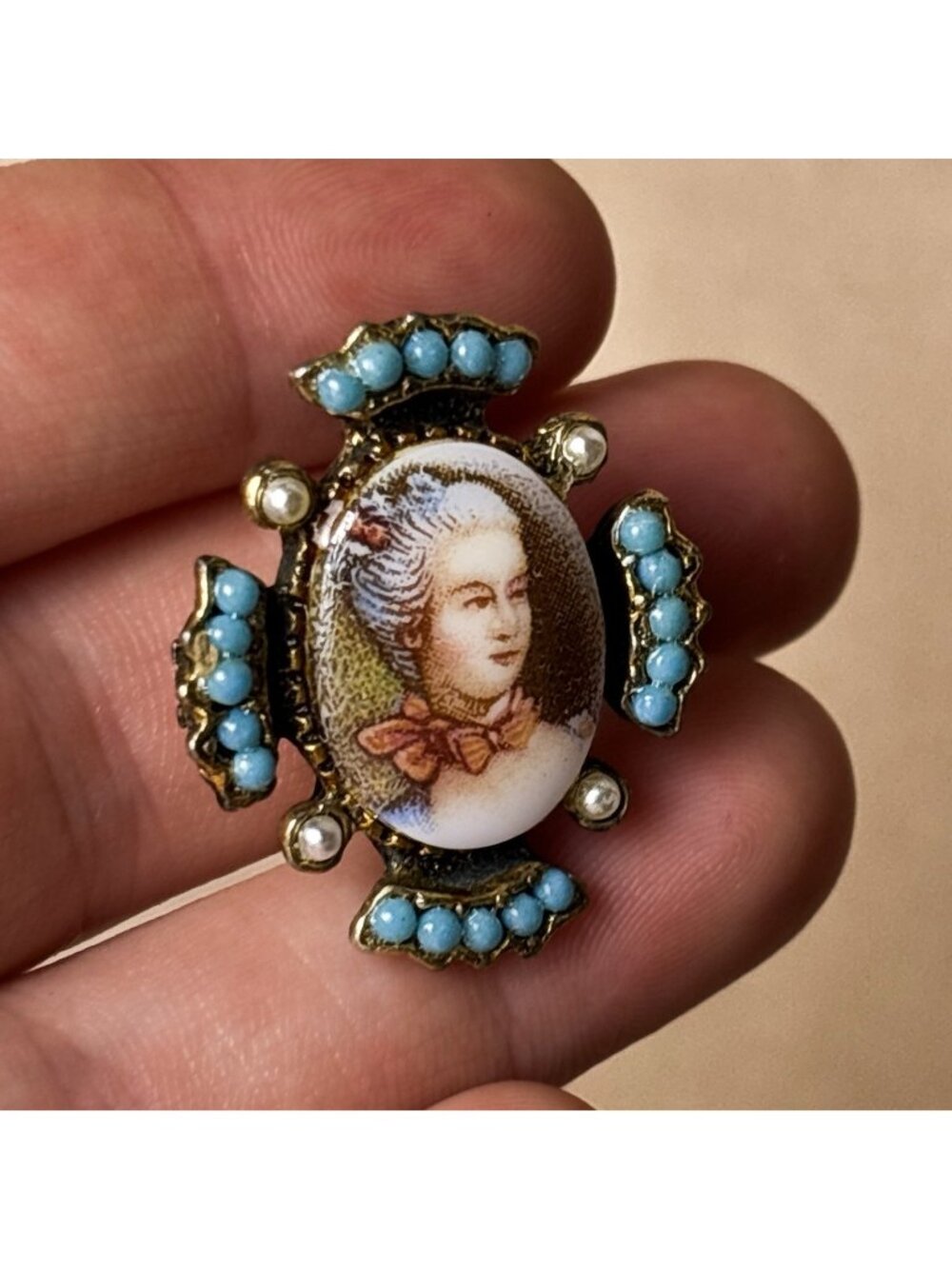 Vintage Brooch, Miniature Victorian Portrait Cameo Turquoise Bead Brooch Pin A66